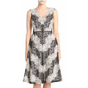 Adrianna Papell Blk/Ivory Chevron Lace Fit & Flare Dress, Slvls,V-Neck, EUC, 14W